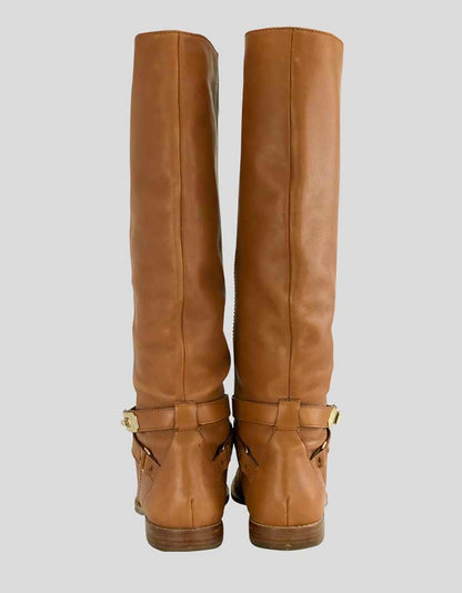 Coach Tan Leather To The Knee Pull On Boots With Strap Accent With Gold Tone Hardware At Ankle Size 8B