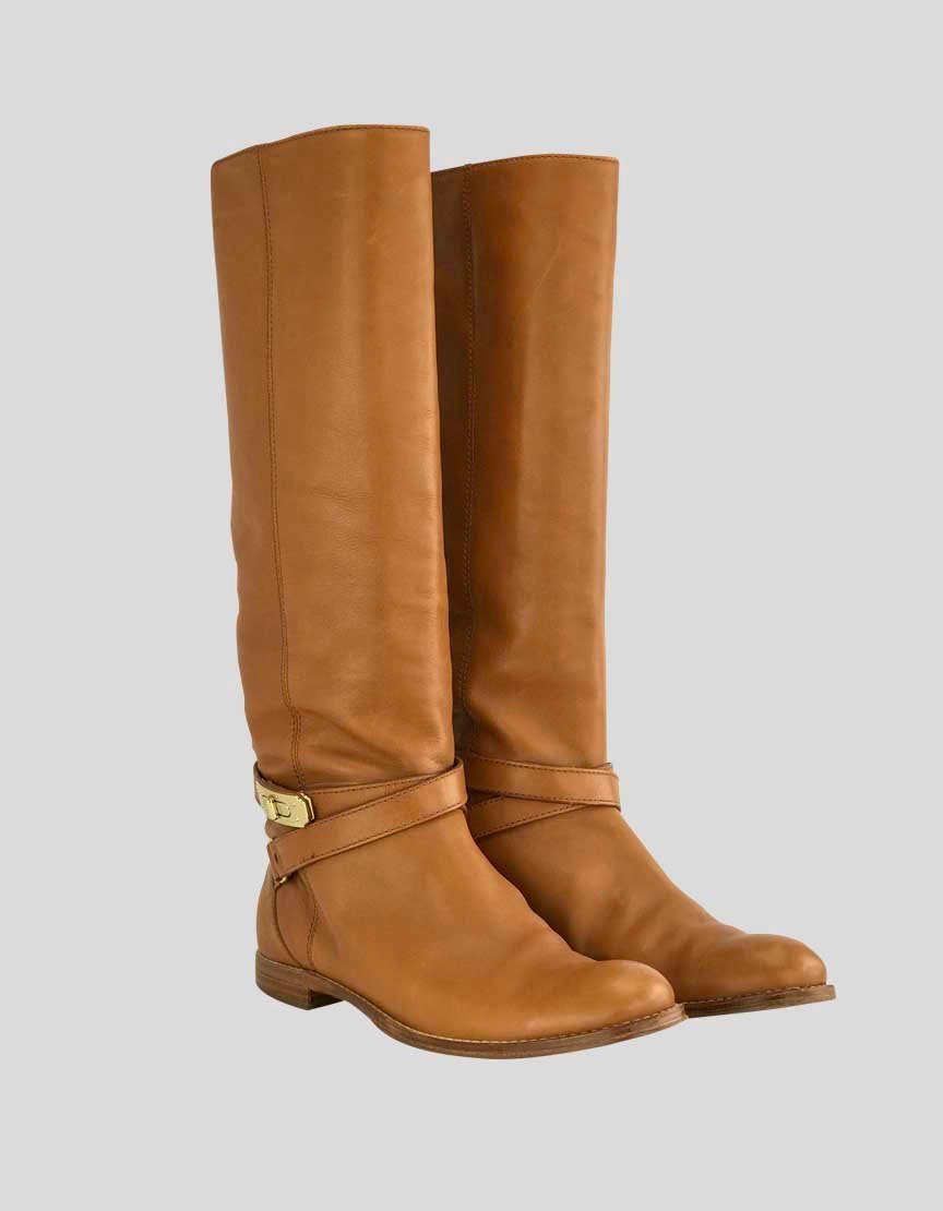 Coach Tan Leather To The Knee Pull On Boots With Strap Accent With Gold Tone Hardware At Ankle Size 8B