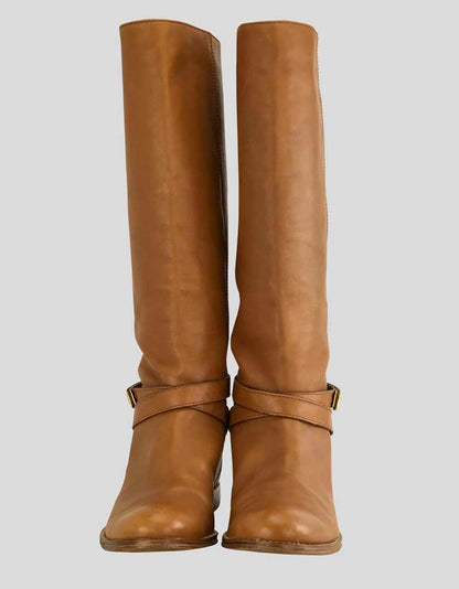 Coach Tan Leather To The Knee Pull On Boots With Strap Accent With Gold Tone Hardware At Ankle Size 8B