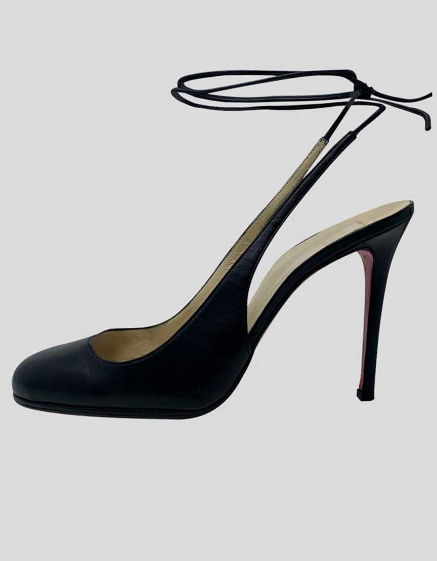 Christian Louboutin Women's Black Leather Round Toe Pumps With Ankle Tie Tonal Stitching And Covered Heels Size 39 It
