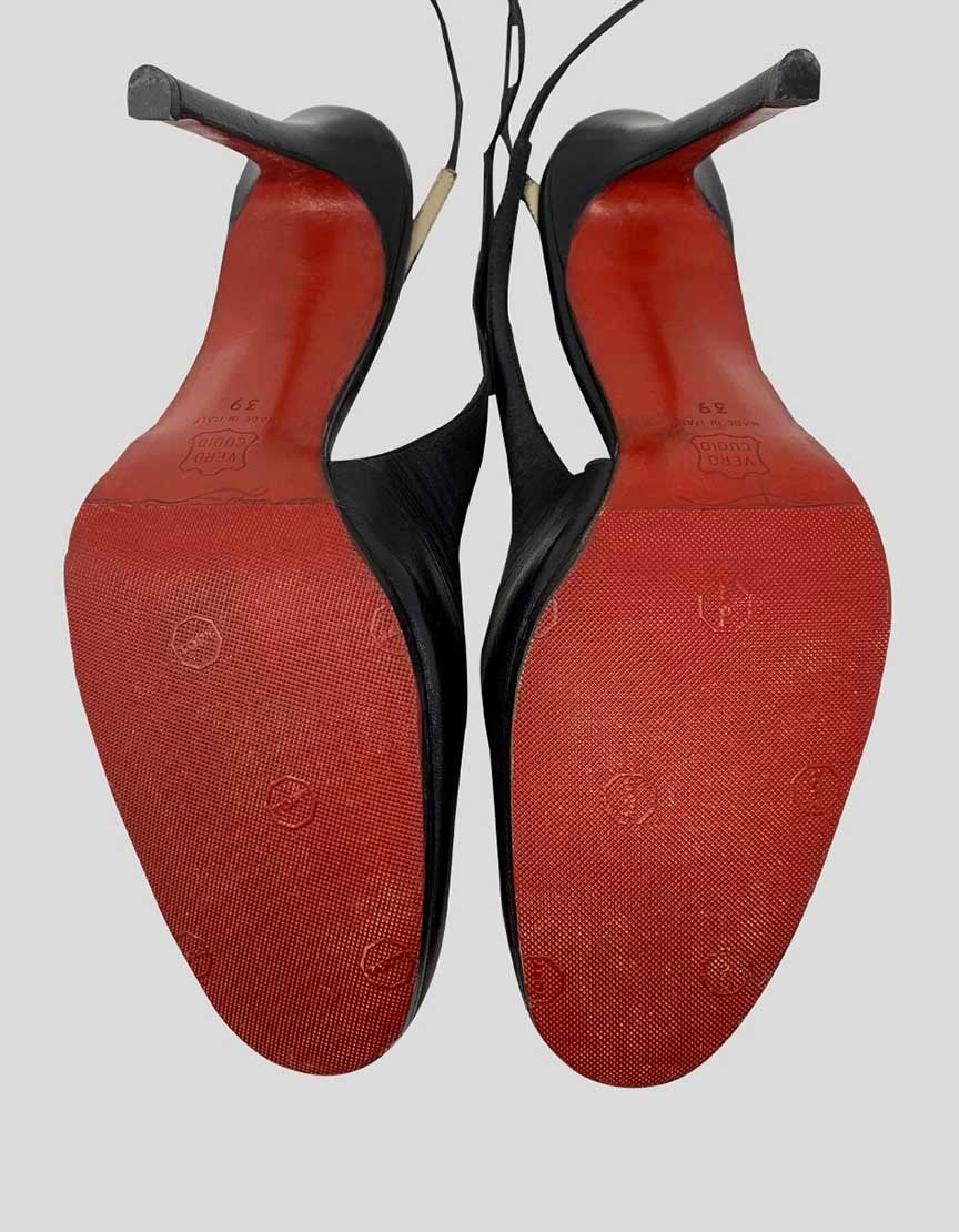 Christian Louboutin Women's Black Leather Round Toe Pumps With Ankle Tie Tonal Stitching And Covered Heels Size 39 It