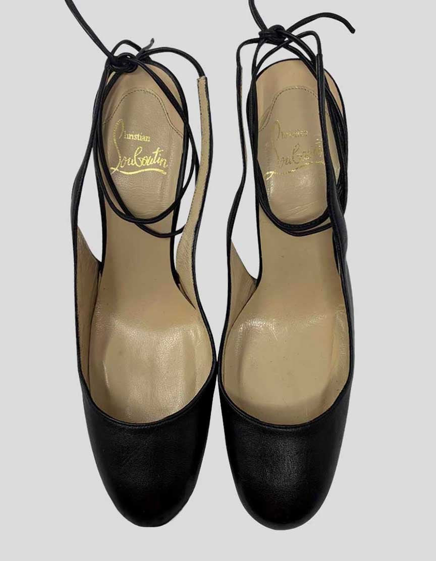 Christian Louboutin Women's Black Leather Round Toe Pumps With Ankle Tie Tonal Stitching And Covered Heels Size 39 It