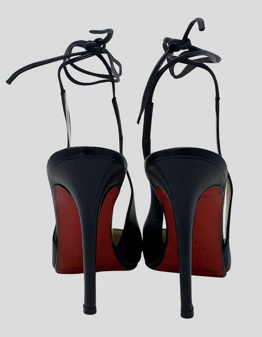 Christian Louboutin Women's Black Leather Round Toe Pumps With Ankle Tie Tonal Stitching And Covered Heels Size 39 It