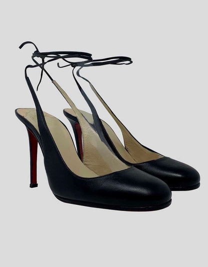Christian Louboutin Women's Black Leather Round Toe Pumps With Ankle Tie Tonal Stitching And Covered Heels Size 39 It