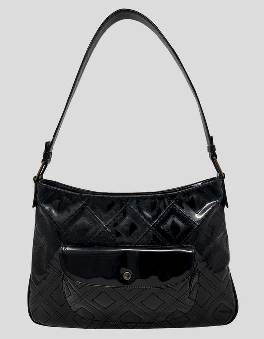 Suarez Black Patent Leather Quilted Shoulder Bag With Tonal Stitching Top Zip Closure And Front Snap Closure Pocket