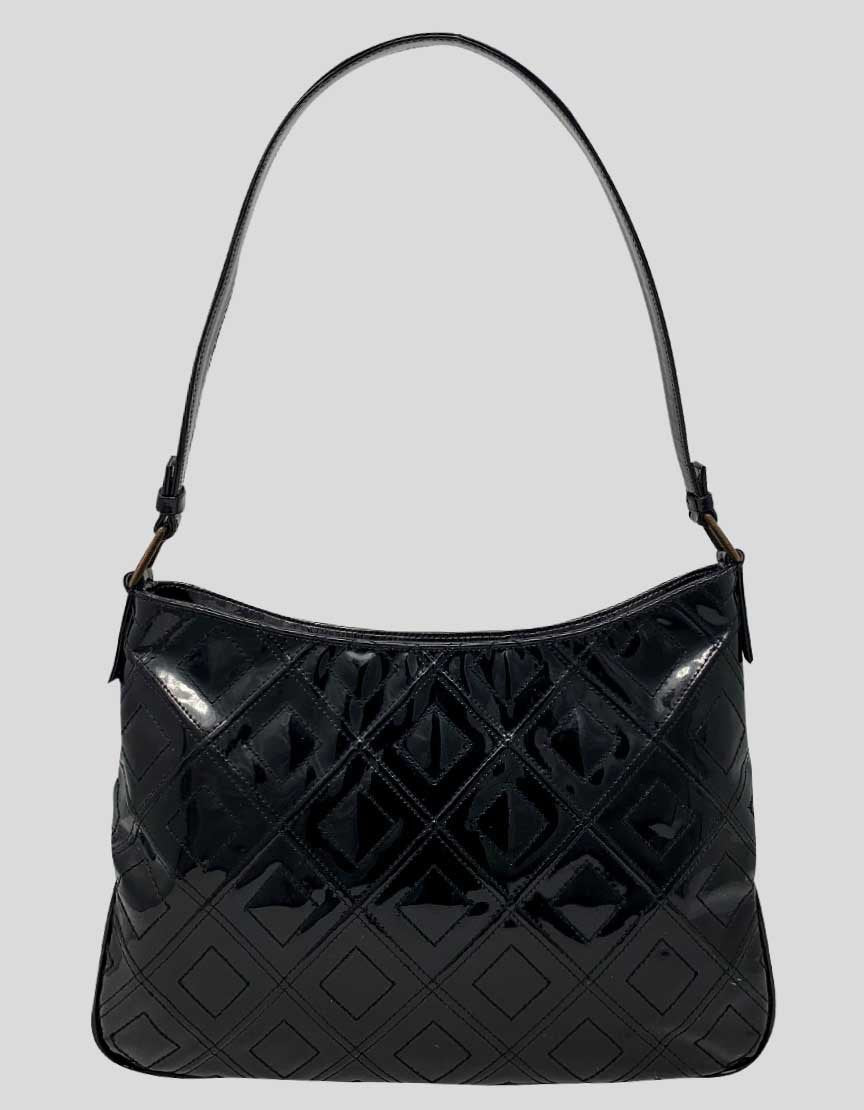 Suarez Black Patent Leather Quilted Shoulder Bag With Tonal Stitching Top Zip Closure And Front Snap Closure Pocket