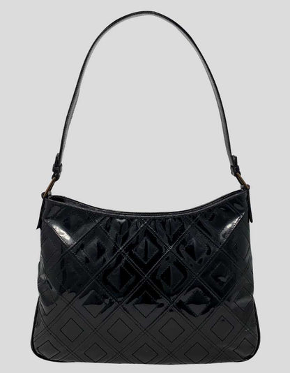 Suarez Black Patent Leather Quilted Shoulder Bag With Tonal Stitching Top Zip Closure And Front Snap Closure Pocket
