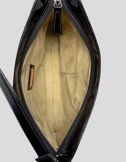 Suarez Black Patent Leather Quilted Shoulder Bag With Tonal Stitching Top Zip Closure And Front Snap Closure Pocket