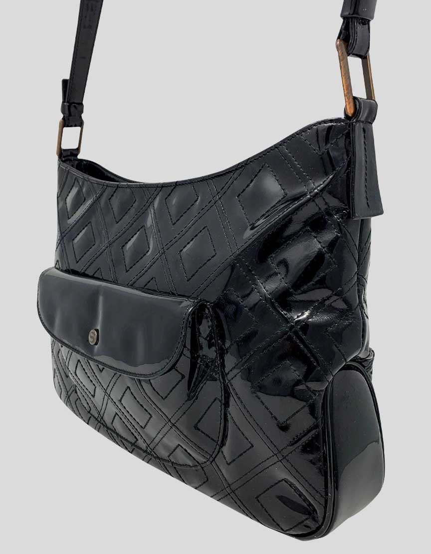 Suarez Black Patent Leather Quilted Shoulder Bag With Tonal Stitching Top Zip Closure And Front Snap Closure Pocket