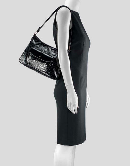 Suarez Black Patent Leather Quilted Shoulder Bag With Tonal Stitching Top Zip Closure And Front Snap Closure Pocket