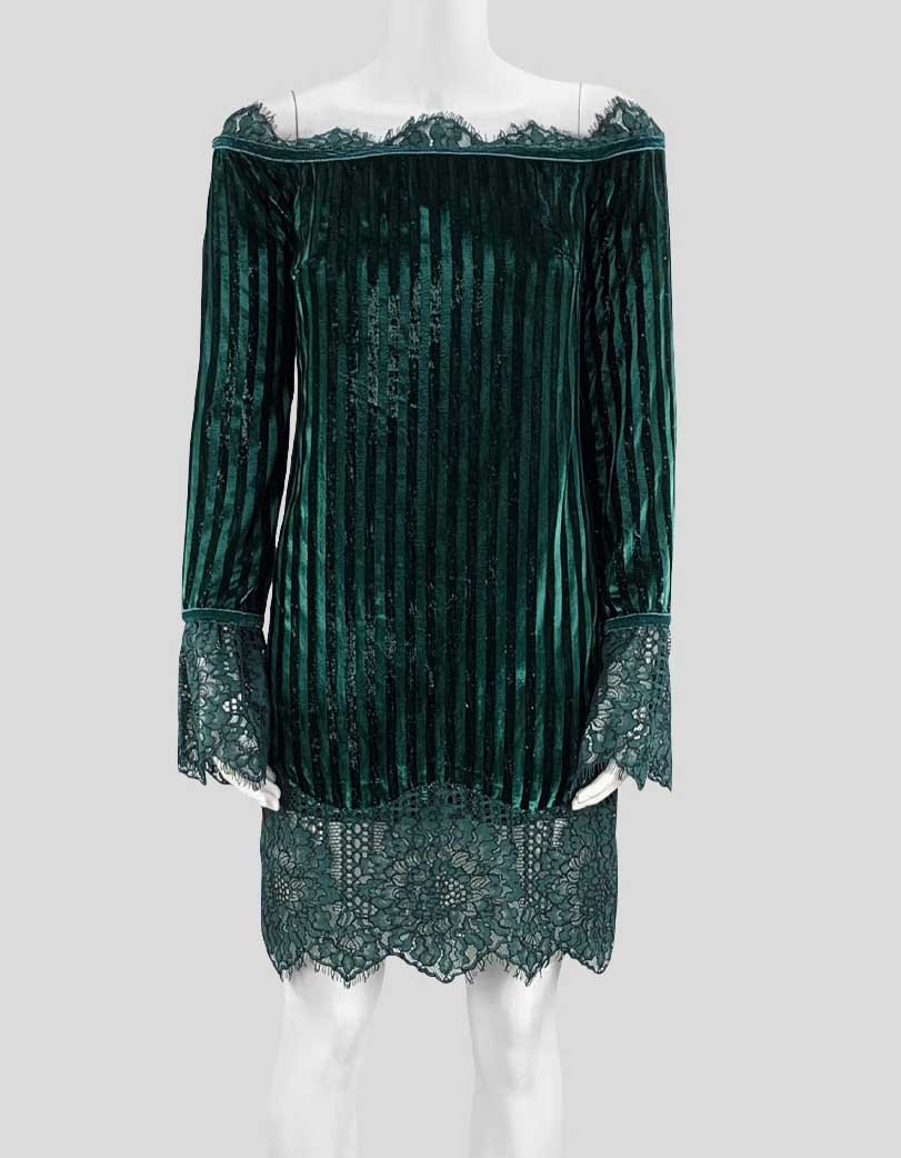Tadashi Shoji Forest Green Electric Stripe Velvet And Floral Corded Lace Mini Dress Size 2 US