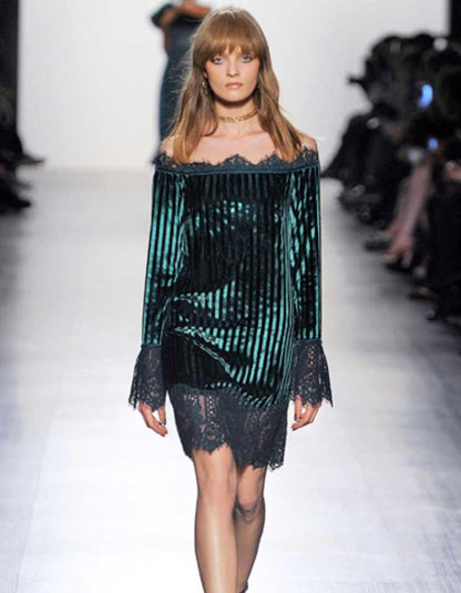 Tadashi Shoji Forest Green Electric Stripe Velvet And Floral Corded Lace Mini Dress Size 2 US