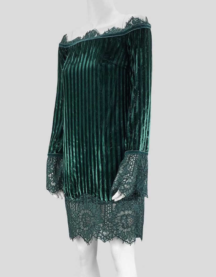 Tadashi Shoji Forest Green Electric Stripe Velvet And Floral Corded Lace Mini Dress Size 2 US