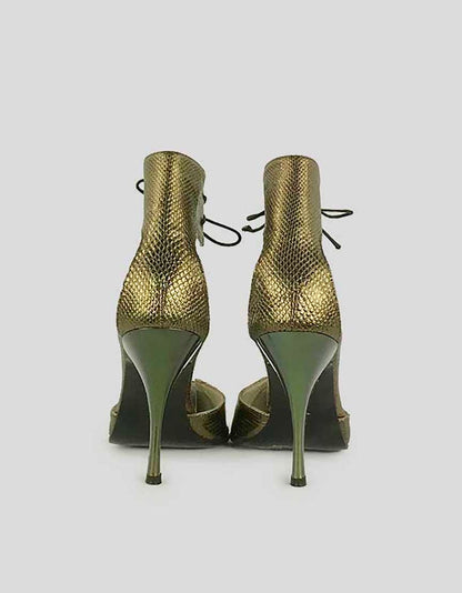 Gucci Pointed Toe Open Pumps With Lace Up Ankle Straps In A Burnt Gold Tone Inspired Snakeskin 5.5 B
