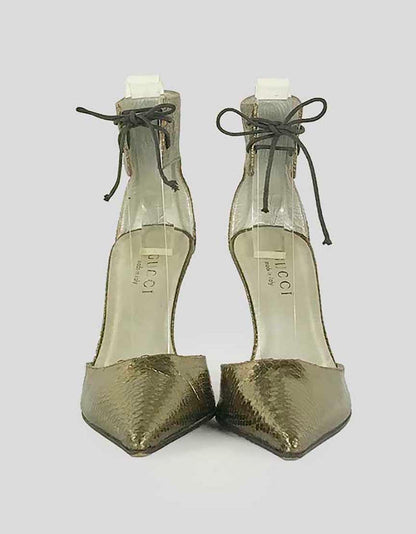 Gucci Pointed Toe Open Pumps With Lace Up Ankle Straps In A Burnt Gold Tone Inspired Snakeskin 5.5 B