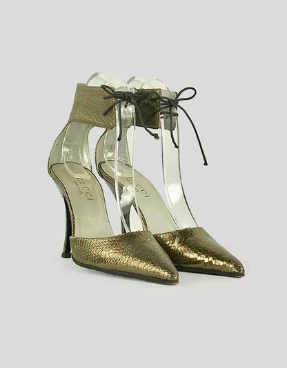 Gucci Pointed Toe Open Pumps With Lace Up Ankle Straps In A Burnt Gold Tone Inspired Snakeskin 5.5 B
