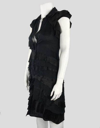 Prada Black Cap Sleeved Button Front Shirt Dress With Ruffles Throughout 38 It 0 US