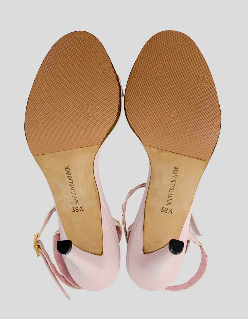 Manolo Blahnik Light Pink Leather Strap Sandal With Gold Tone Stud Detail Wraparound Ankle Strap 38.5 It