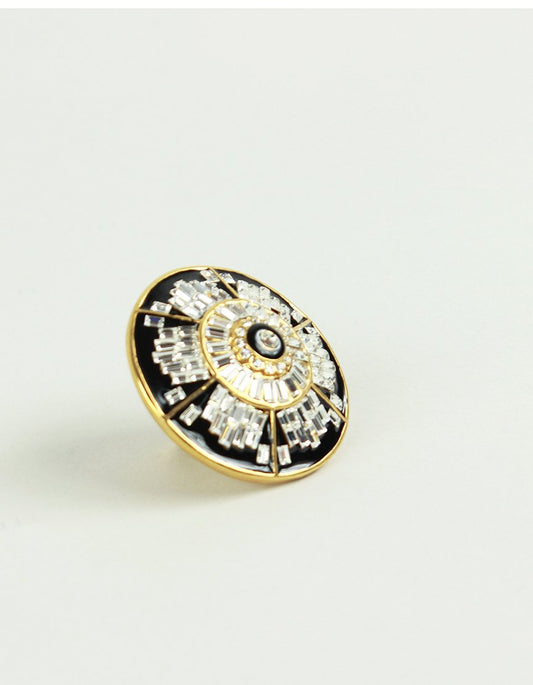 Black And White Jeweled Ring With Faux Diamond In Lay And Gold Tone Hardware