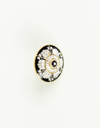 Black And White Jeweled Ring With Faux Diamond In Lay And Gold Tone Hardware
