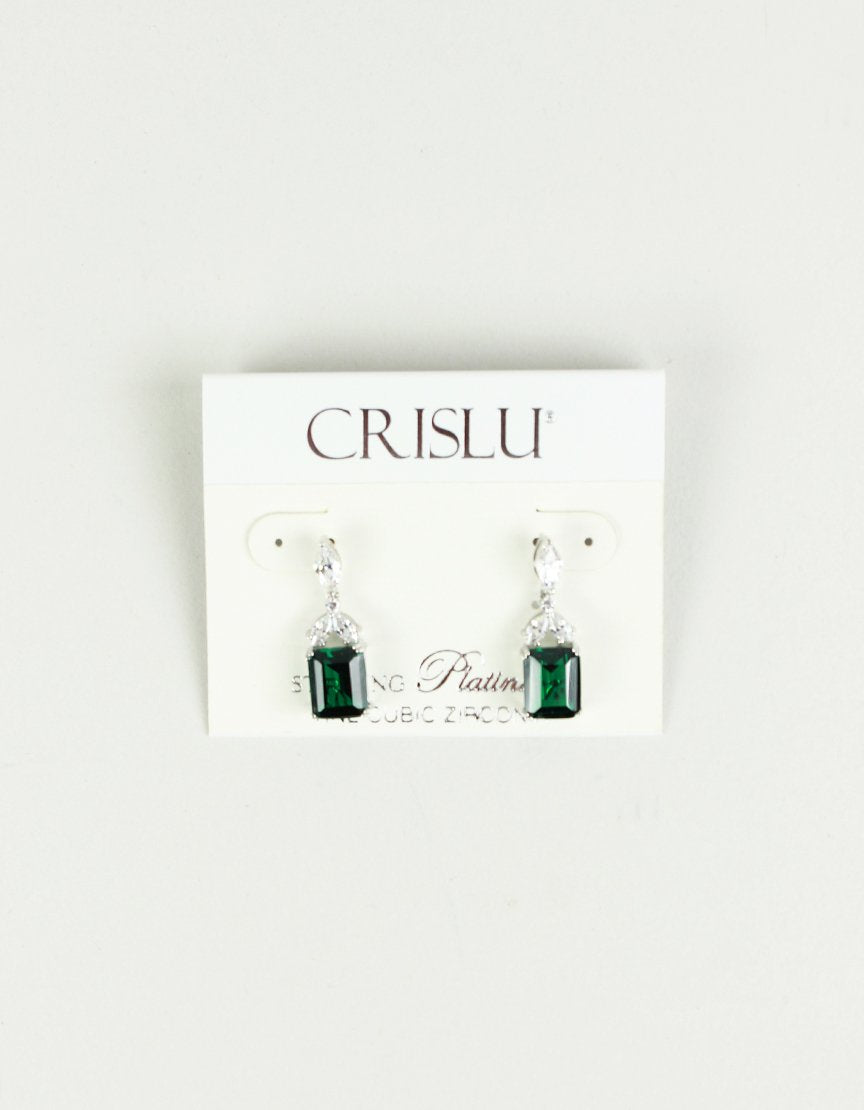 Crislu Sterling Platinum Pieced Earrings With Faux Diamonds And Faux Emerald Cut Green Stones