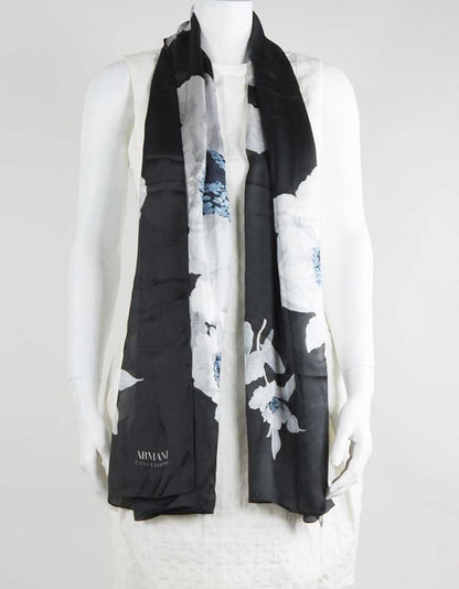 Armani Collezioni Black Silk Scarf With White And Blue Floral Print