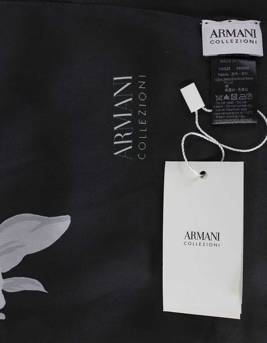 Armani Collezioni Black Silk Scarf With White And Blue Floral Print