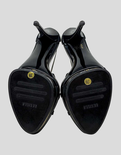 Le Silla Black Patent Leather Open Toe Pumps With Platform