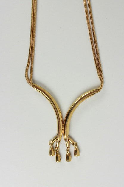 Reiss Gold Tone Double Strand Necklace With Angled Bottom And Tear Drop Pendants