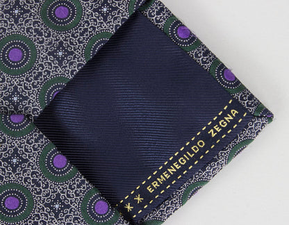 Ermenegildo Zegna Black And Silver Design Tie With Purple Green And Black Circles