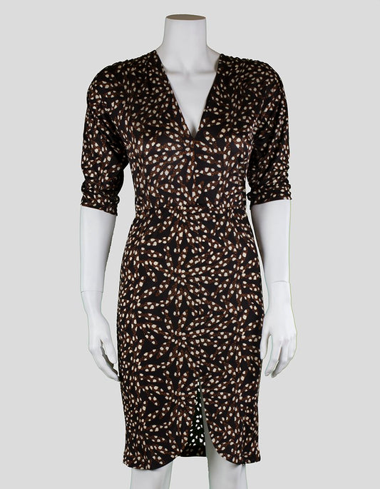 Tucker Disco Dress With Brown Black And White Design Elasticated Waist Front Slit And Three Quarter Length Sleeves Petite