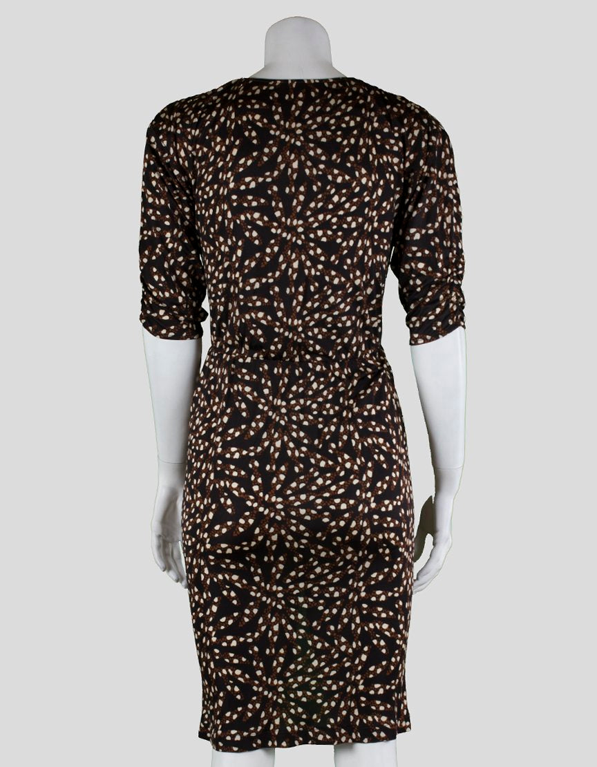 Tucker Disco Dress With Brown Black And White Design Elasticated Waist Front Slit And Three Quarter Length Sleeves Petite