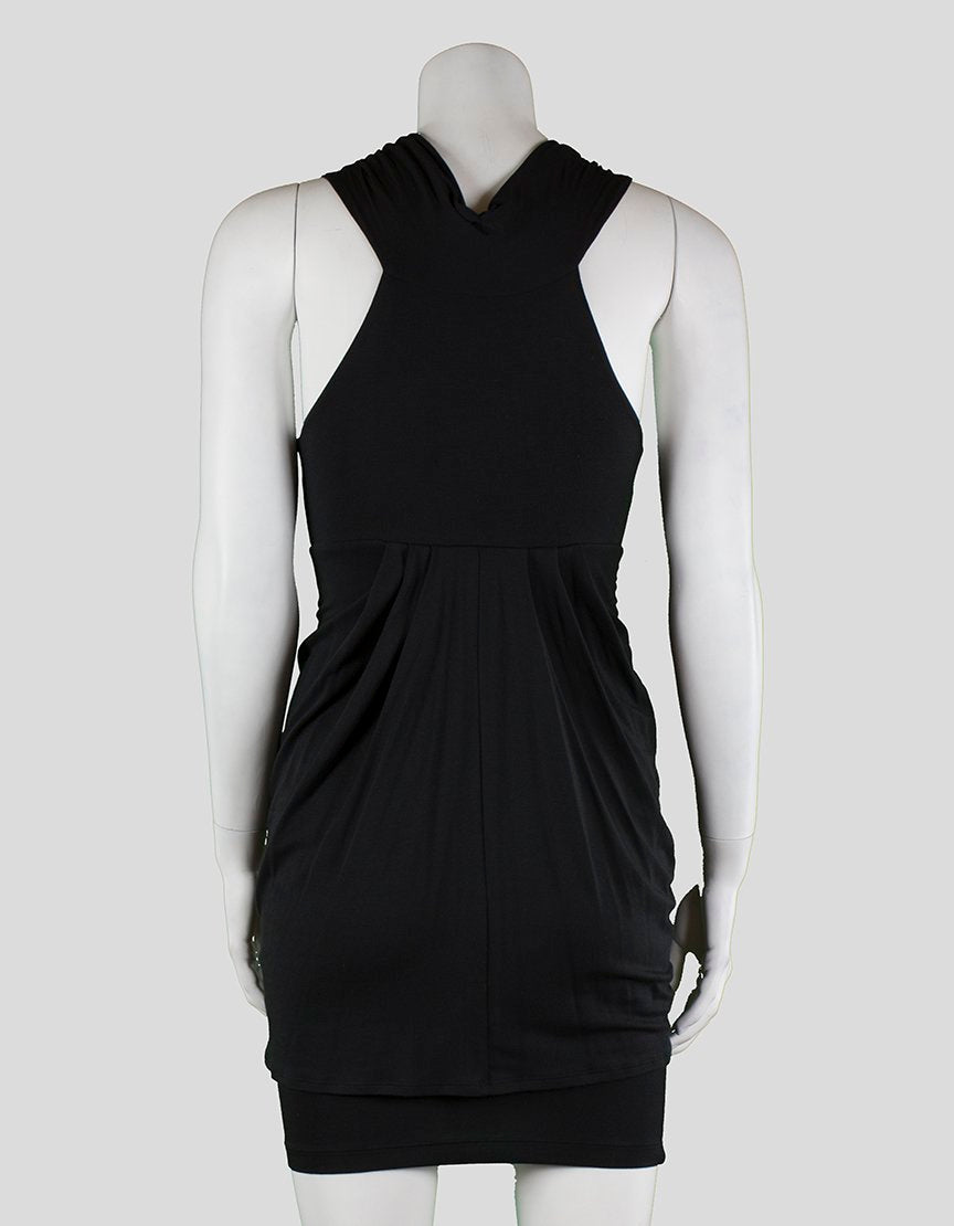 Tart Black Mini Dress Sleeveless Low V-Neck Knotted At Bust With Tulip Design Drape From Bust X-Small