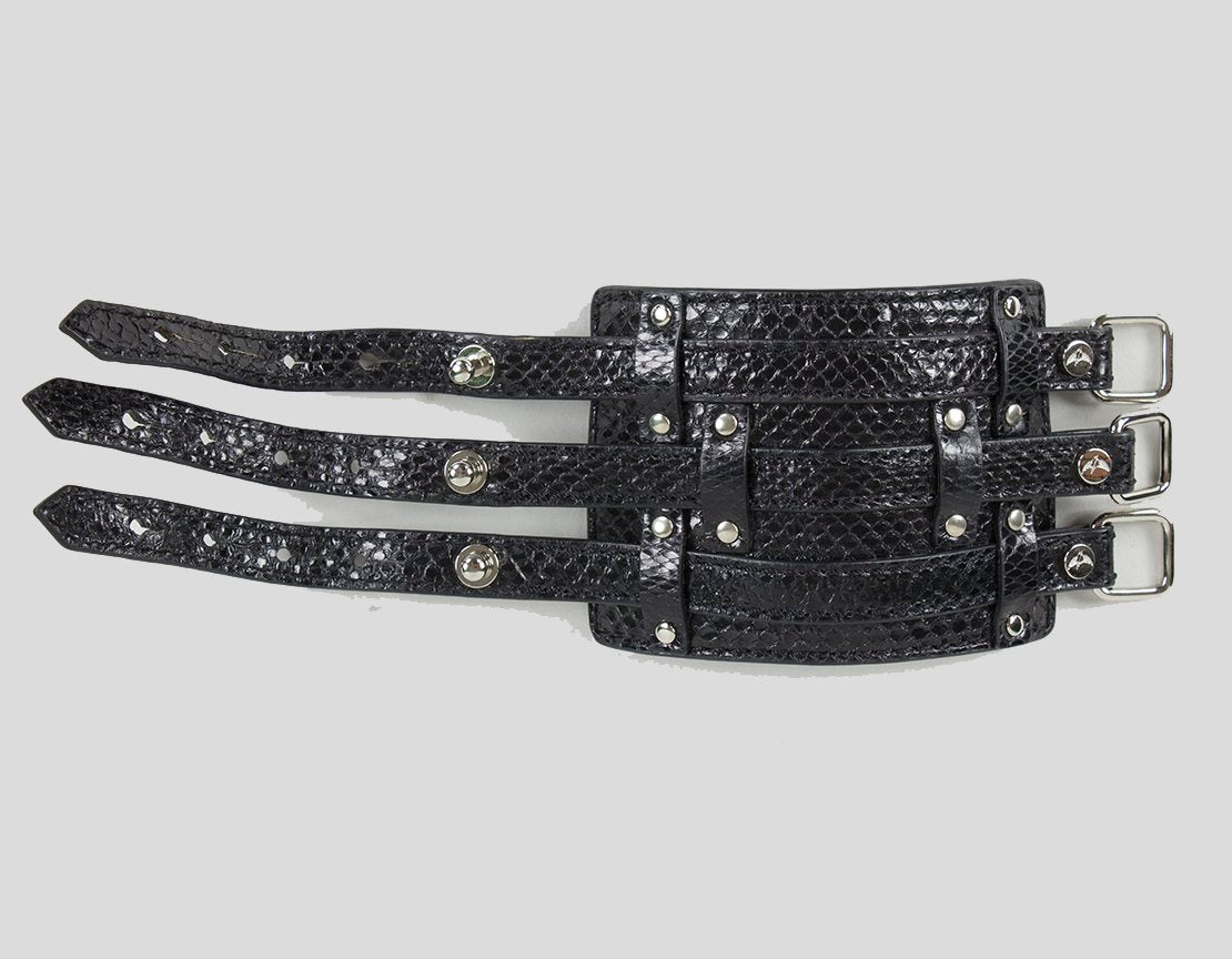 Leonello Borghi Black Leather Faux Snake Cuff With Three Strap Closures And Silver Tone Hardware