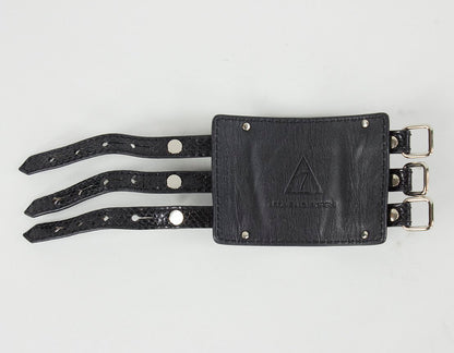 Leonello Borghi Black Leather Faux Snake Cuff With Three Strap Closures And Silver Tone Hardware