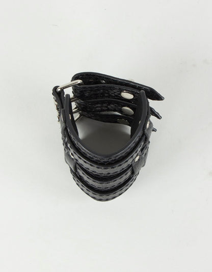 Leonello Borghi Black Leather Faux Snake Cuff With Three Strap Closures And Silver Tone Hardware
