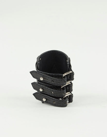 Leonello Borghi Black Leather Faux Snake Cuff With Three Strap Closures And Silver Tone Hardware