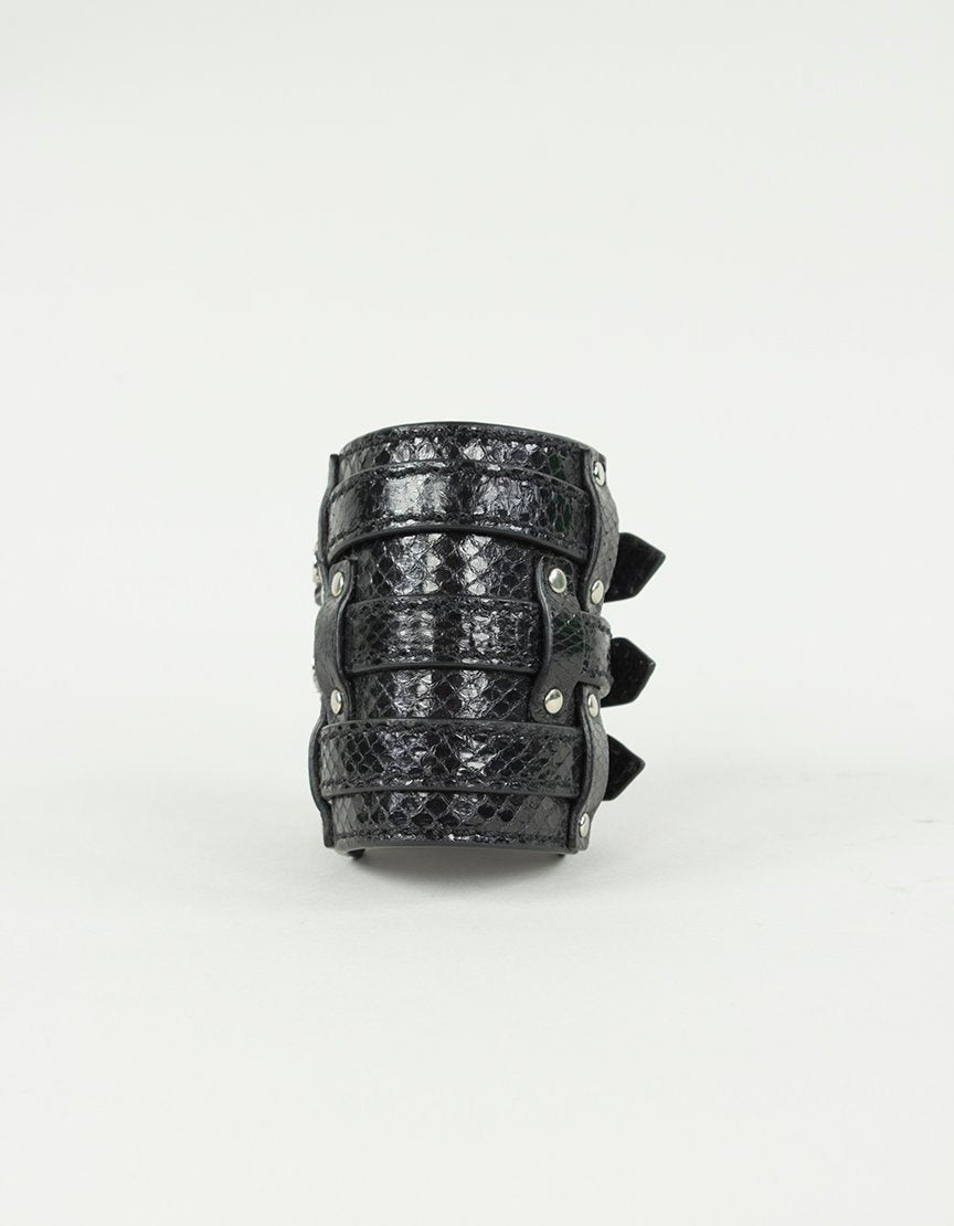 Leonello Borghi Black Leather Faux Snake Cuff With Three Strap Closures And Silver Tone Hardware