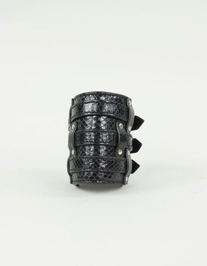 Leonello Borghi Black Leather Faux Snake Cuff With Three Strap Closures And Silver Tone Hardware