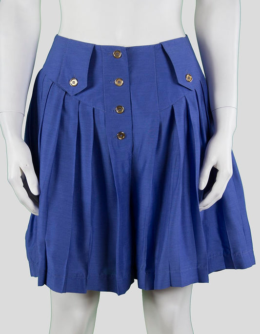 Reiss Blue Short Culottes With Pleating Throughout Gold Button Design At Fly And Belt Loops Size 2