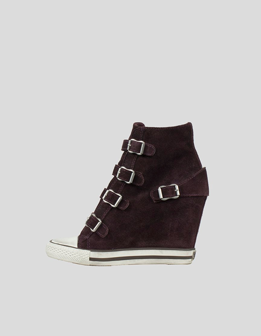 Ash Wedge Sneaker In Burgundy Suede With Functioning Buckle Enclosures In Silver Tone Hardware IT 37