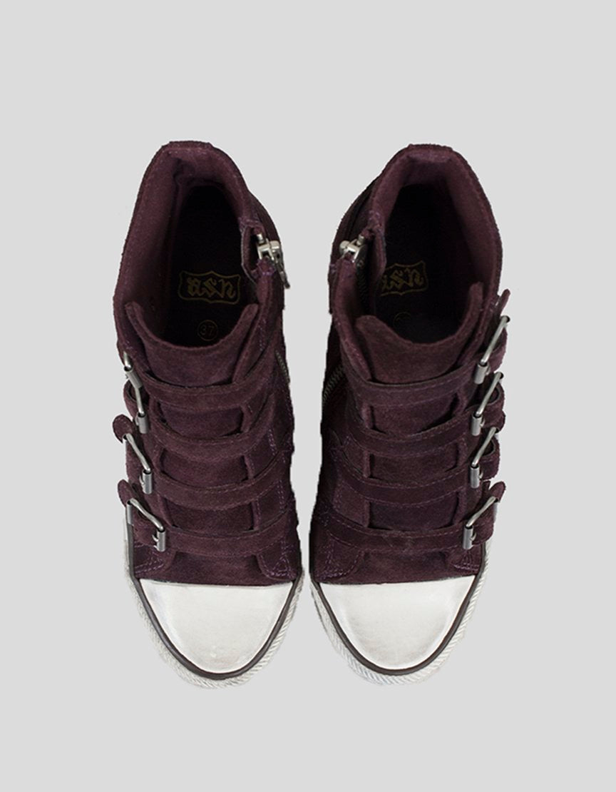 Ash Wedge Sneaker In Burgundy Suede With Functioning Buckle Enclosures In Silver Tone Hardware IT 37