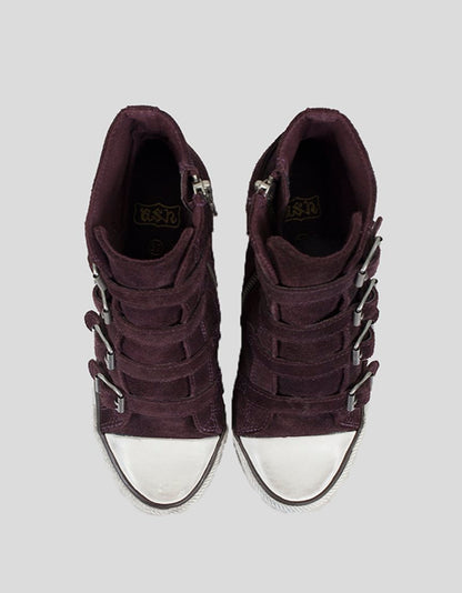 Ash Wedge Sneaker In Burgundy Suede With Functioning Buckle Enclosures In Silver Tone Hardware IT 37