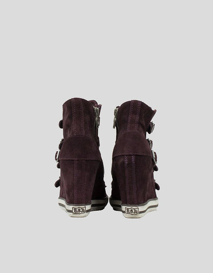 Ash Wedge Sneaker In Burgundy Suede With Functioning Buckle Enclosures In Silver Tone Hardware IT 37