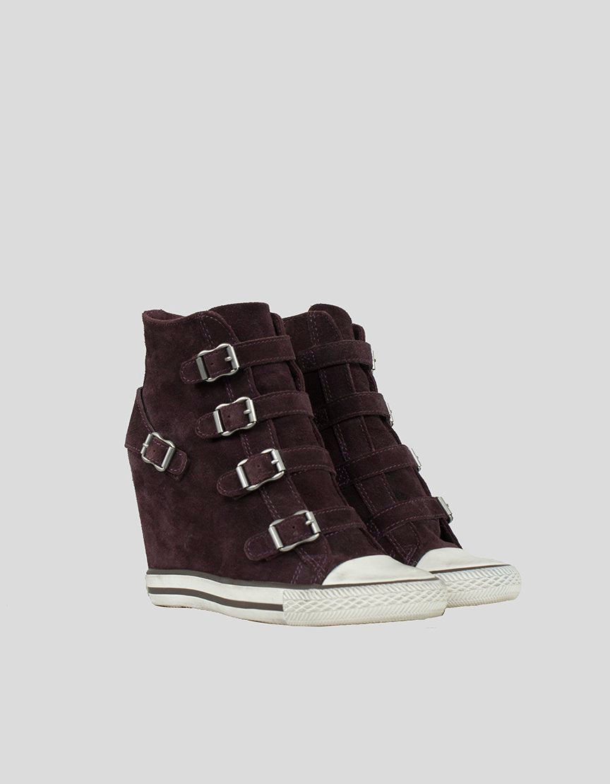 Ash Wedge Sneaker In Burgundy Suede With Functioning Buckle Enclosures In Silver Tone Hardware IT 37