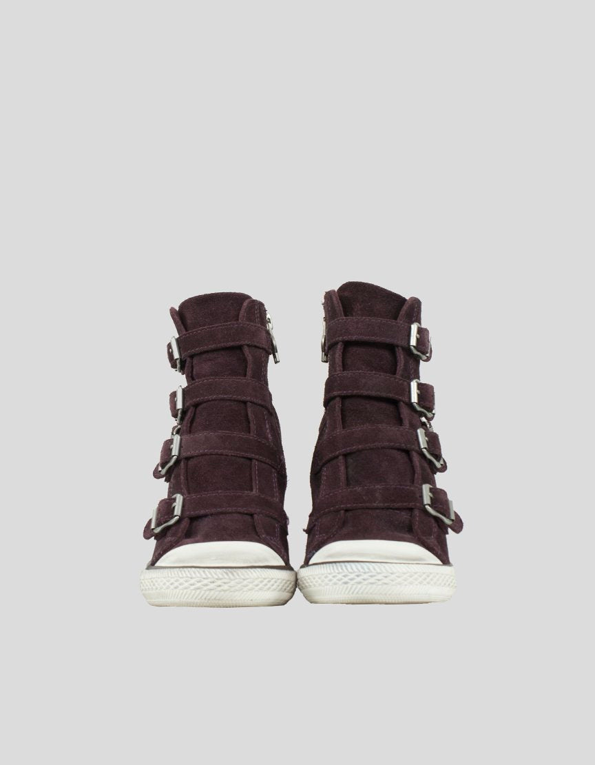 Ash Wedge Sneaker In Burgundy Suede With Functioning Buckle Enclosures In Silver Tone Hardware IT 37