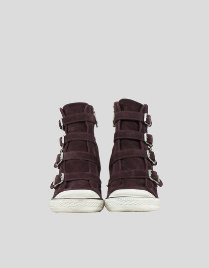 Ash Wedge Sneaker In Burgundy Suede With Functioning Buckle Enclosures In Silver Tone Hardware IT 37