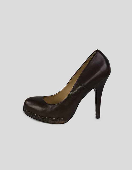 All Saints Brown Leather Platform Pumps With Round Toe And Stud Detail 37 IT