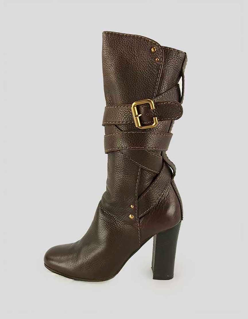 Chloe Brown Leather Mid Calf Boots - 37 IT | 7 US