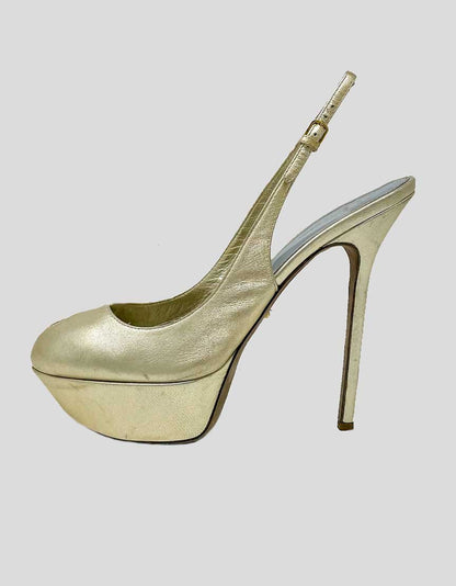 Sergio Rossi Slingback Platform Pumps In Gold Tone Leather Size 39.5 It